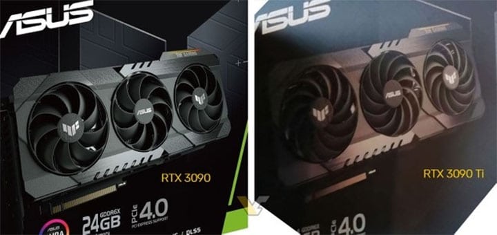 SIde by side boxes of Asus RTX 3090 and 3090 Ti