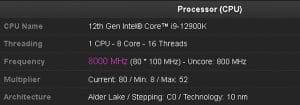 Showing the processor Intel Core i9-12900K overclocked to 8.0 GHz.