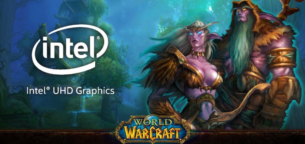 Intel UHD Graphics Logo on World of Warcraft background