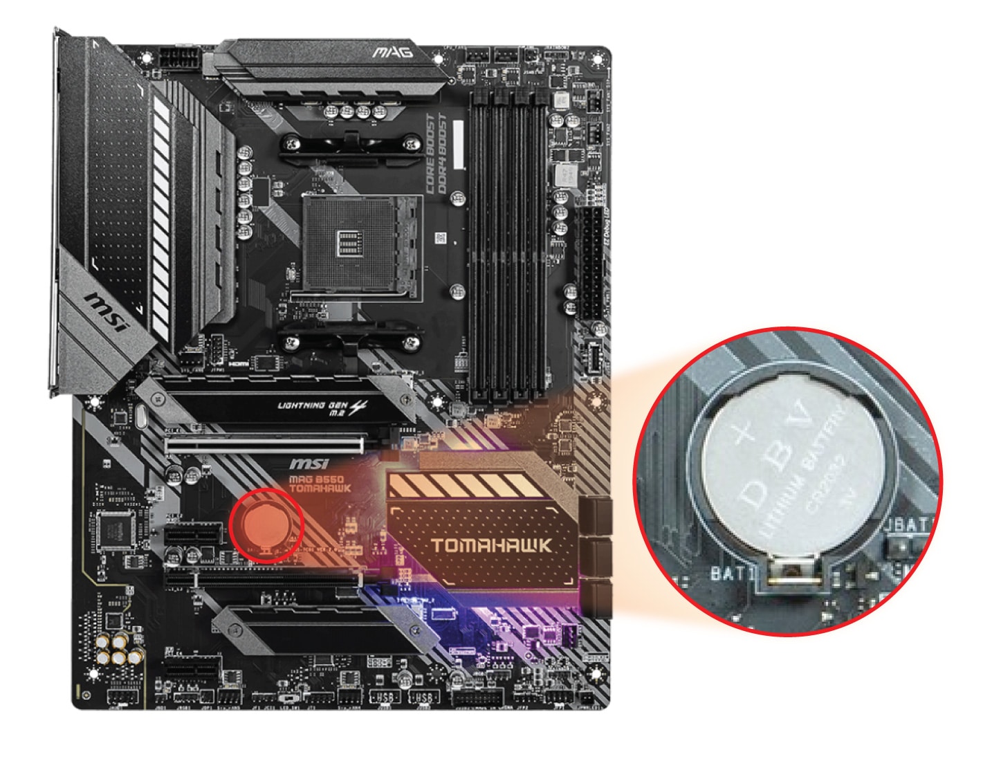 Showing battery location on MSI MAG B550 TOMAHAWK motherboard.