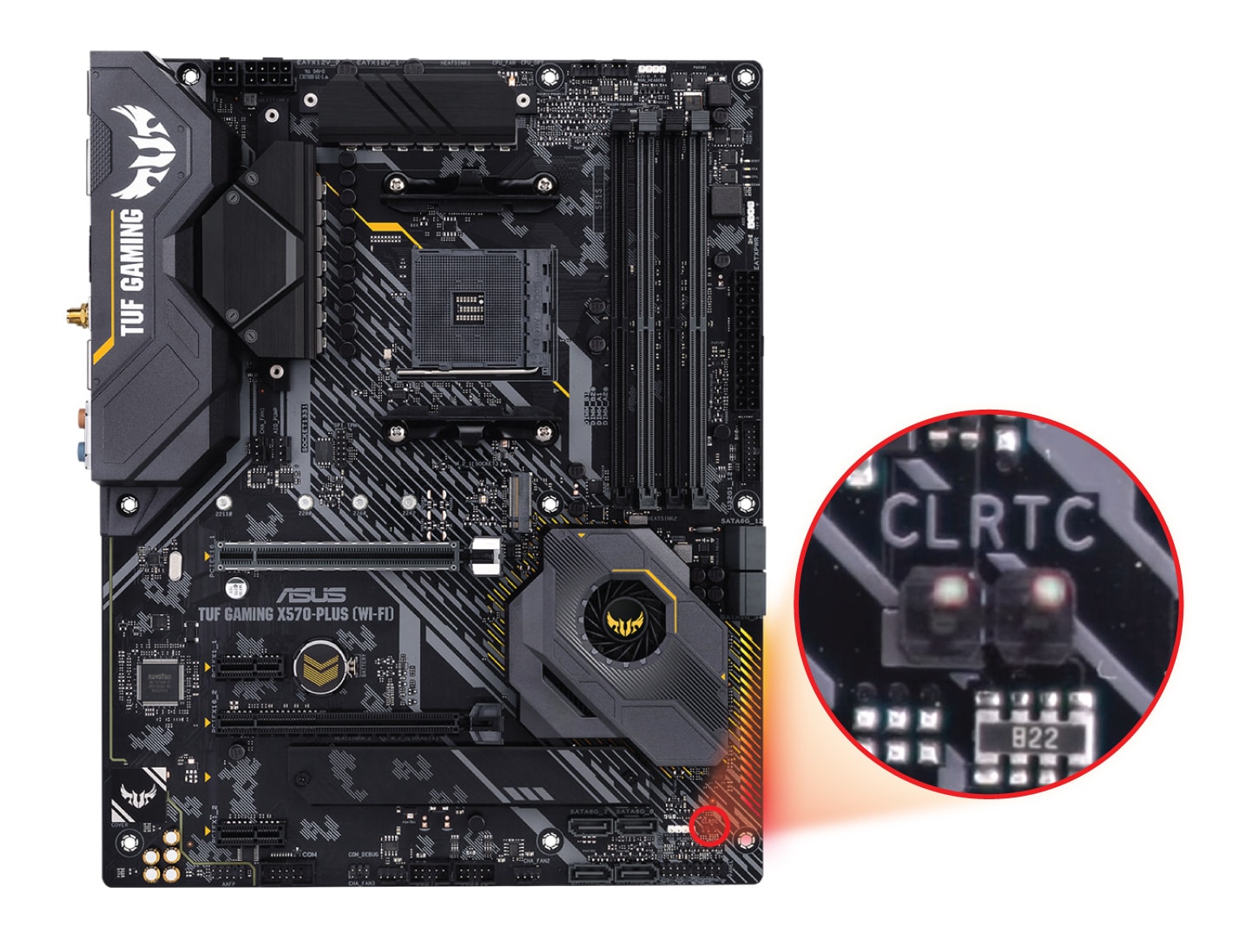 Showing CMOS jumper location on ASUS TUF GAMING X570-PLUS WI-FI motherboard.
