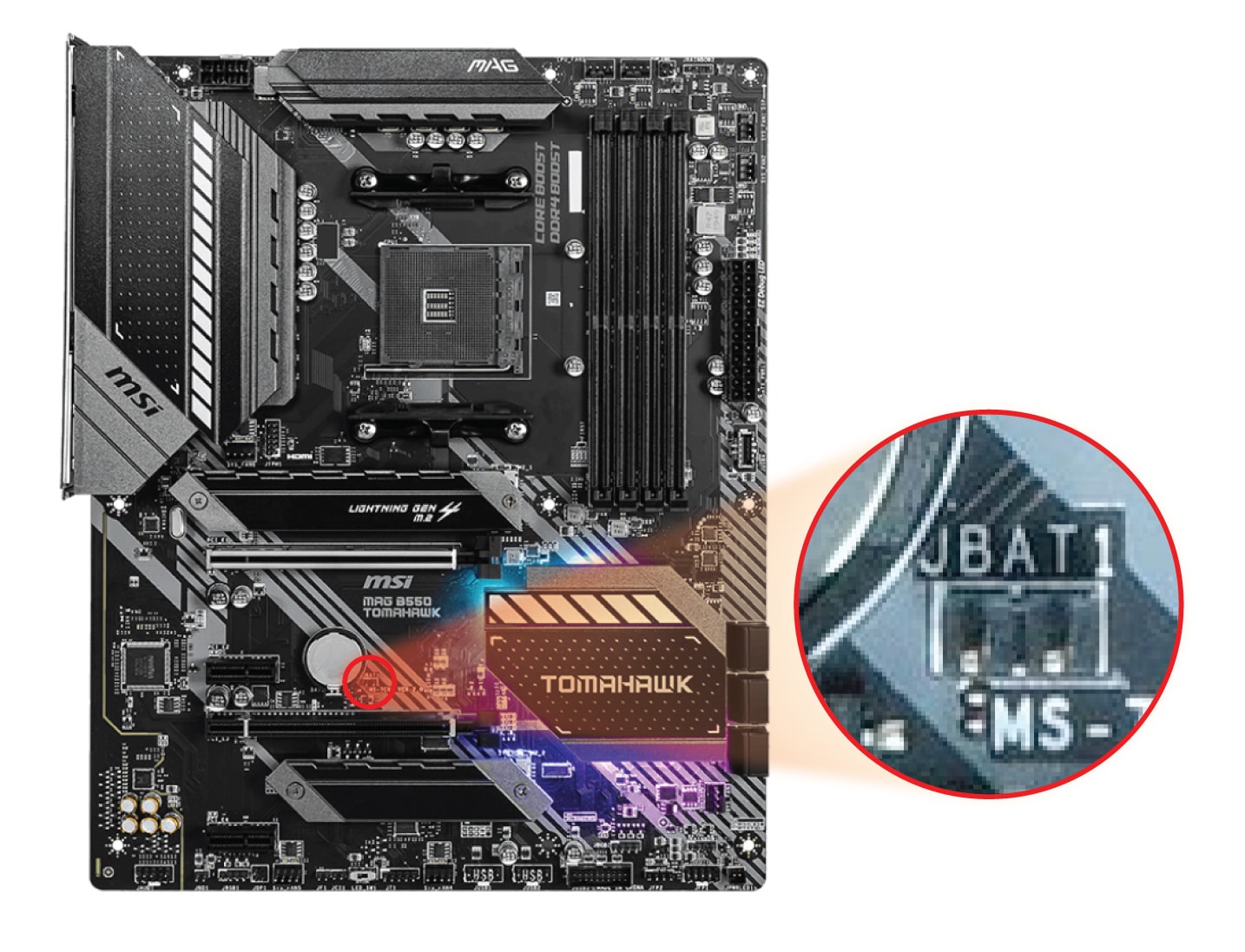 Showing CMOS jumper location on MSI MAG B550 TOMAHAWK motherboard.