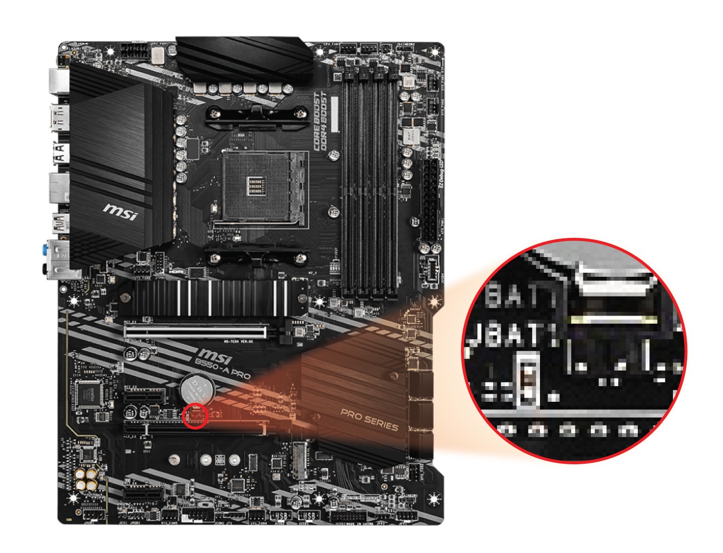 Showing CMOS jumper location on MSI B550-A PRO.