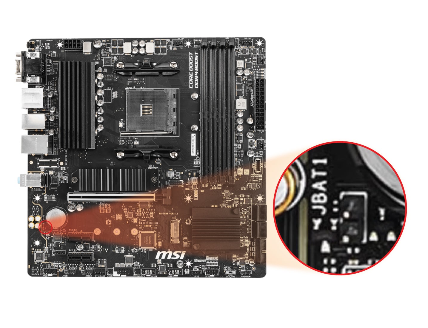 Showing CMOS jumper location on MSI B550M PRO-VDH (&WiFi) motherboard.