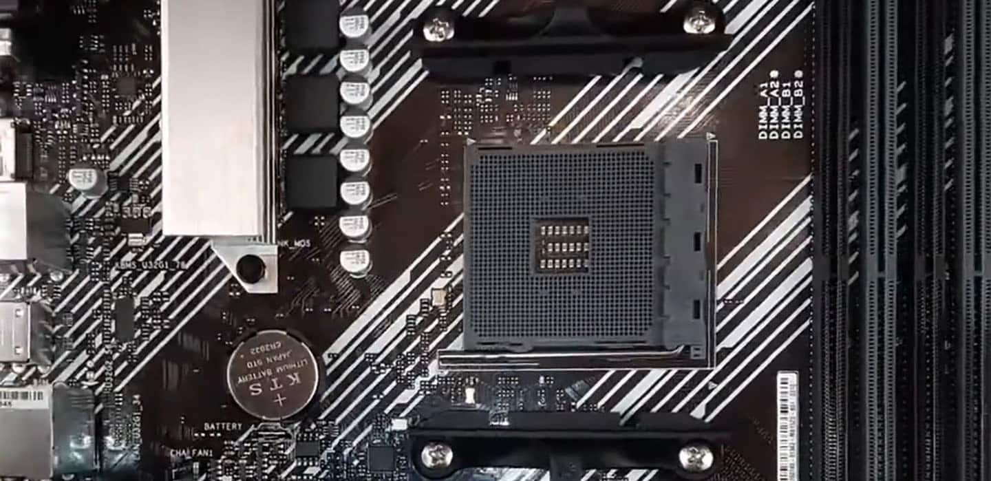 Showing AM4 socket on ASUS PRIME B450M-A (or II) motherboard.