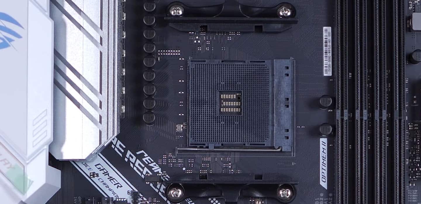 Showing AM4 socket on ASUS ROG STRIX B550-A GAMING motherboard.