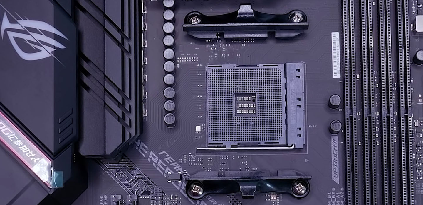 Showing AM4 socket on ASUS ROG STRIX B550-F GAMING (or WI-FI/WiFi 2) motherboard.