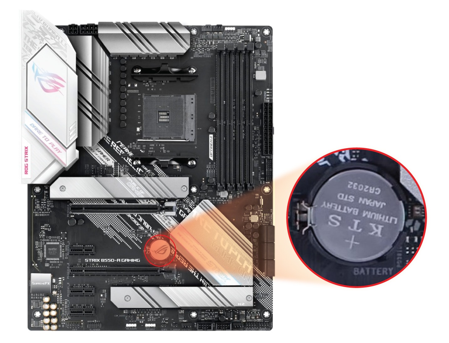 Showing battery location on ASUS ROG STRIX B550-A GAMING motherboard.