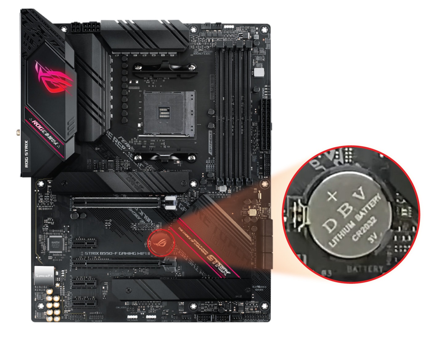 Showing battery location on ASUS ROG STRIX B550-F GAMING (or WiFi:WiFi II) motherboard.