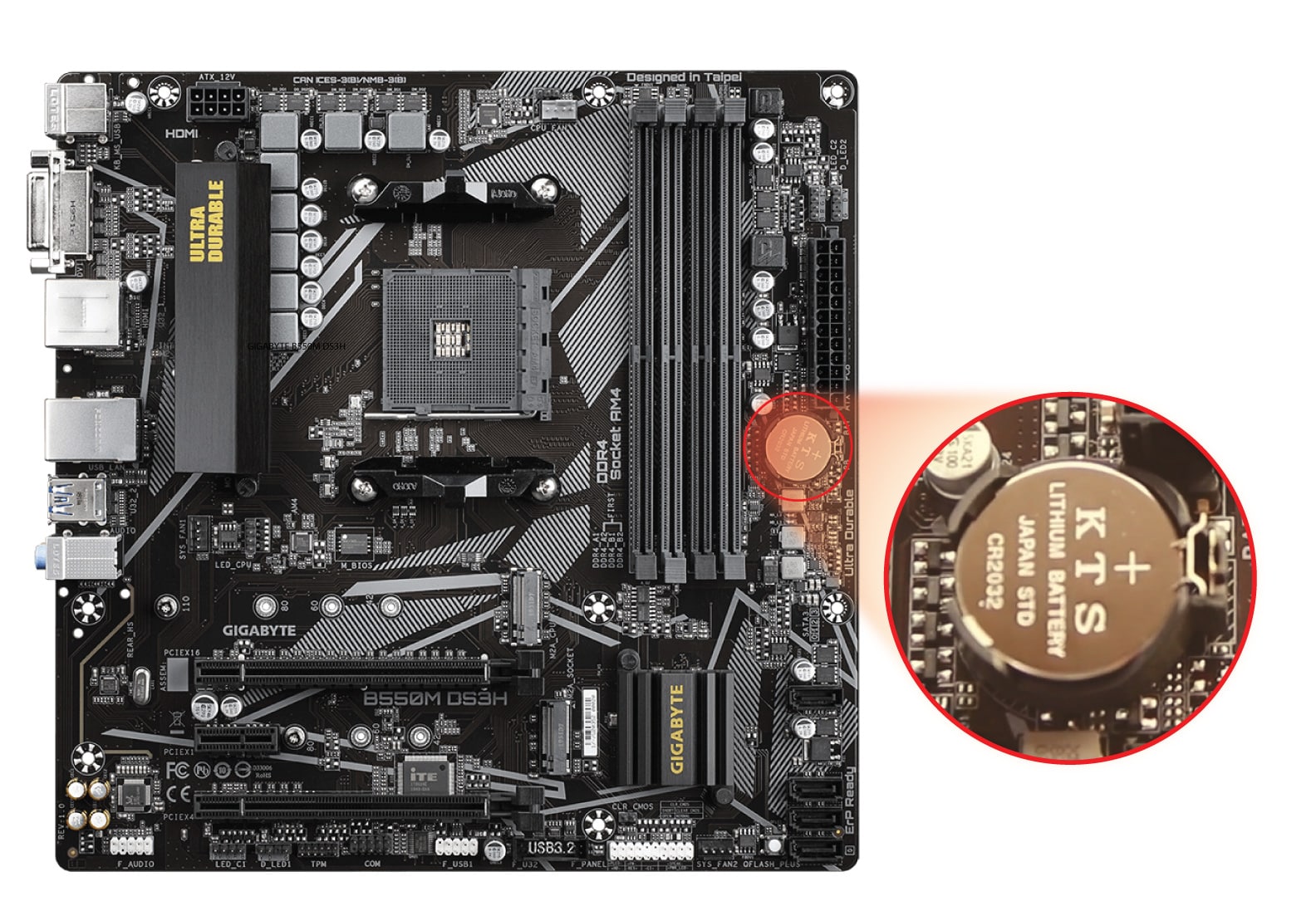 Showing battery location on GIGABYTE B550M DS3H (and AC) motherboard.