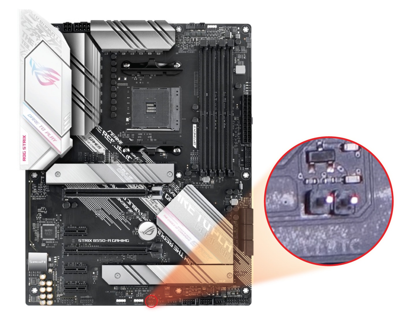 Showing CMOS Jumper location on ASUS ROG STRIX B550-A GAMING motherboard.