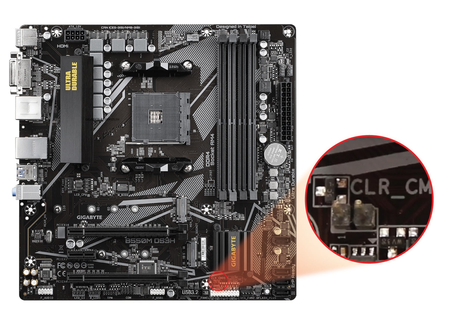 Showing CMOS jumper location on GIGABYTE B550M DS3H (and AC) motherboard.
