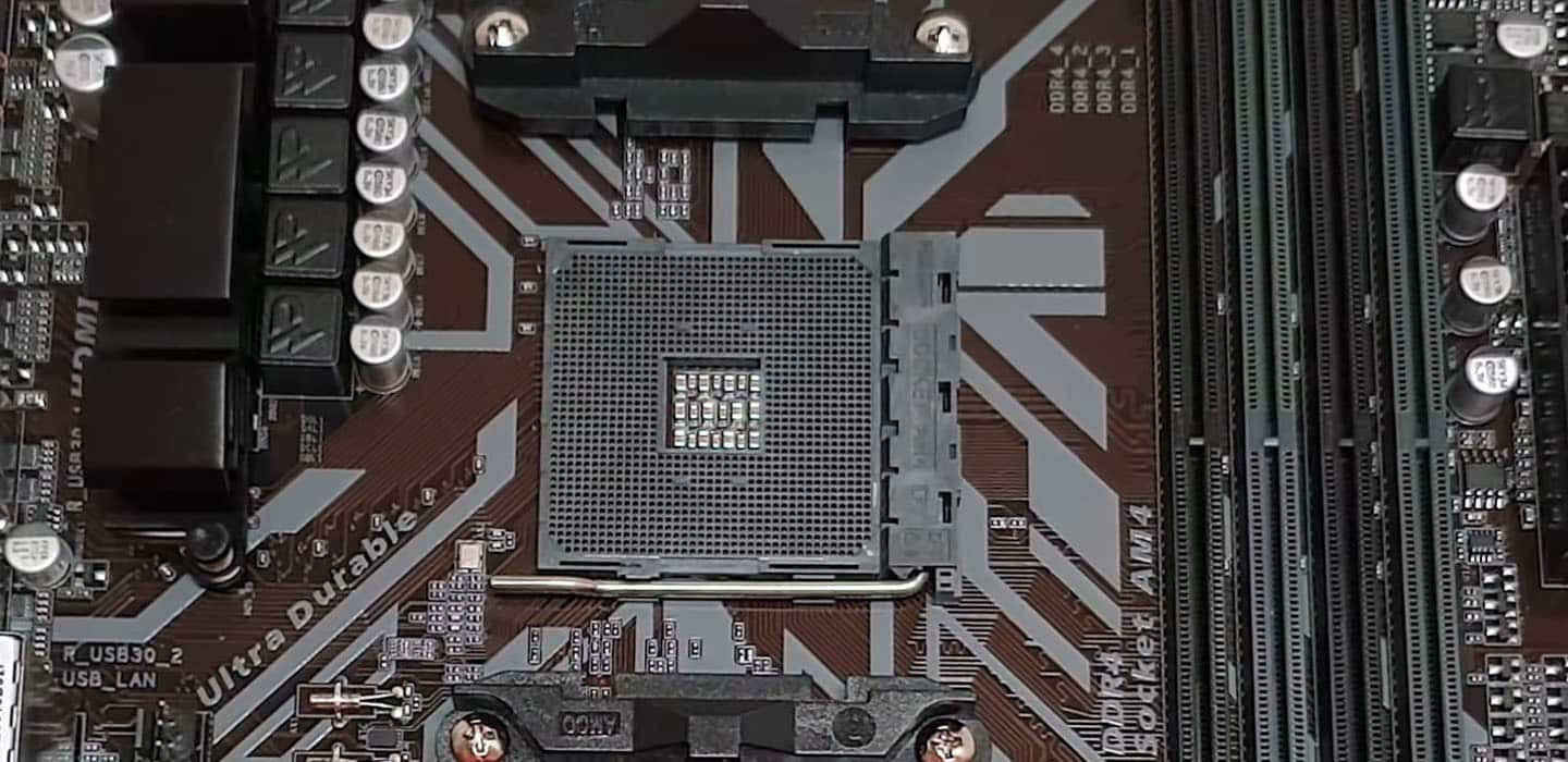 Showing AM4 socket on GIGABYTE B450M DS3H (or V2 or Wifi) motherboard.