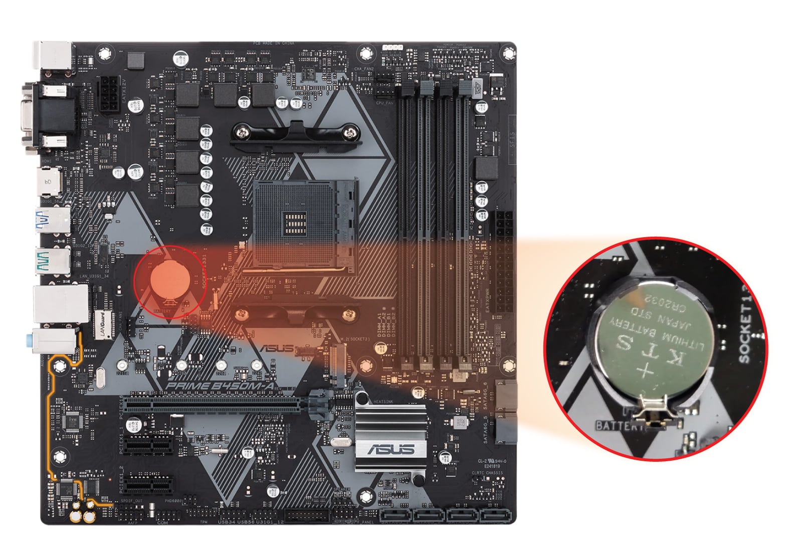 Showing battery location on ASUS PRIME B450M-A (or II) motherboard.