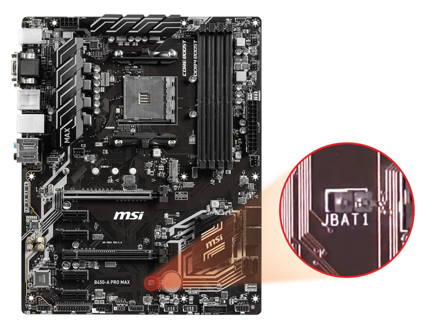 Showing CMOS Jumper location on MSI B450-A PRO (and PRO MAX) motherboard.